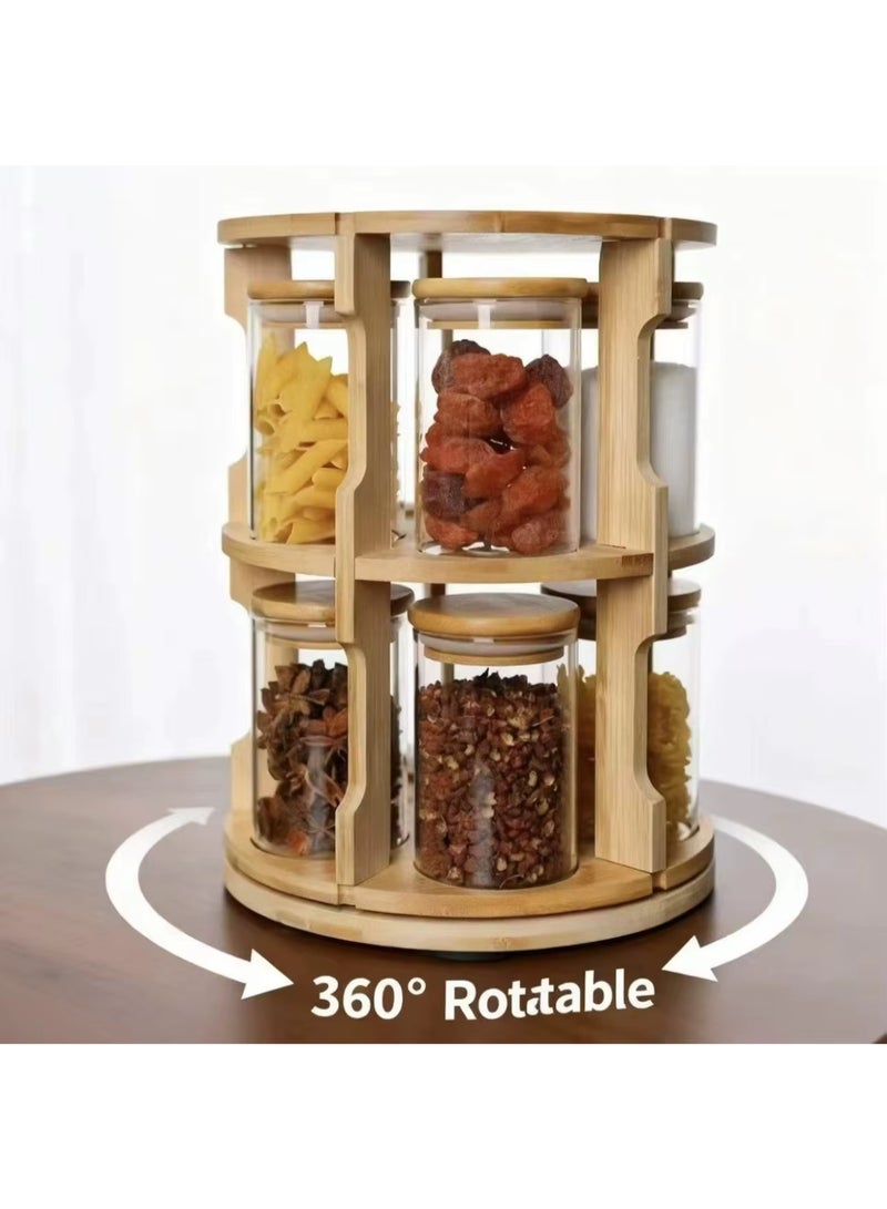 A glass spice organizer with a 360-degree rotating wooden base containing 10 airtight jars to organize spices and legumes in a small space and a stylish design suitable for all kitchens. - Image 2